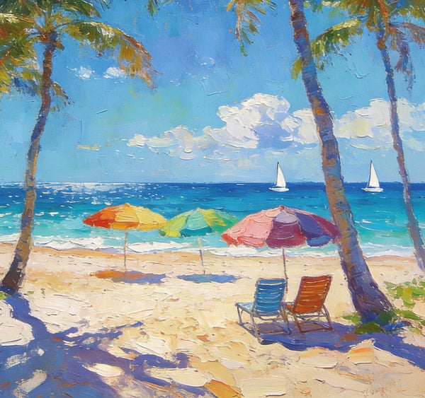 Seaside Relaxation Spot, Seashore Painting, Beach Palm Tree Paintings, Original Artwork, Small Oil Paintings, Hand Painted Canvas Art, Heavy Texture Wall Art Paintings, Small Paintings On Canvas-Art Painting Canvas