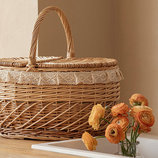 Extra Large Kitchen Storage Baskets, Picnic Storage Basket with Handle, Natural Hand-woven Wicker Storage Basket, Lovely Willow Weaving Baskets for Vegetable, Natural Fruit Storage Baskets-Art Painting Canvas