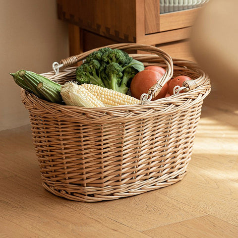 Kitchen Storage Baskets, Small Picnic Food Basket with Handle, Natural Hand-woven Wicker Storage Basket, Willow Weaving Baskets for Vegetable, Natural Fruit Basket-Art Painting Canvas