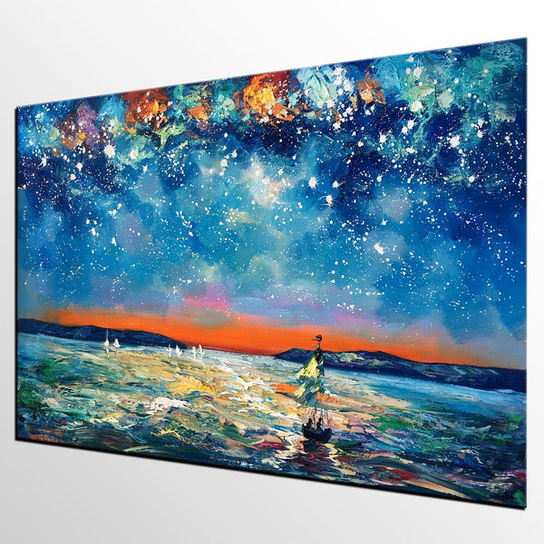 Large Canvas Art Painting, Sail Boat under Starry Night Painting, Custom Large Oil Painting-Art Painting Canvas