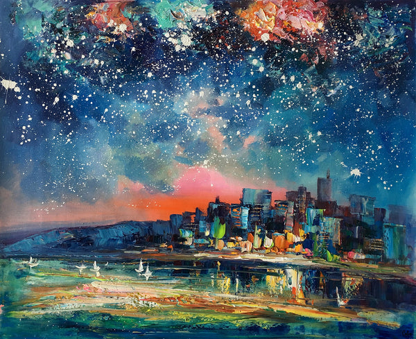 Abstract Oil Painting for Sale, Sail Boat under Starry Night Sky Painting, Custom Original Painting, Landscape Painting-Art Painting Canvas