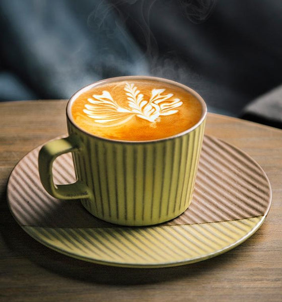 Coffee Cup and Saucer Set, Pottery Coffee Cups, Cappuccino Coffee Mug, Ceramic Coffee Cups, Coffee Cup for Sale, Tea Cup, White / Green / Blue / Yellow-Art Painting Canvas