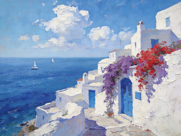 Original Oil Paintings, Santorini's Coastal Serenity, Small Landscape Paintings on Canvas, Palette Knife Wall Art, Landscape Oil Paintings, Hand Painted Canvas Artwork-Art Painting Canvas