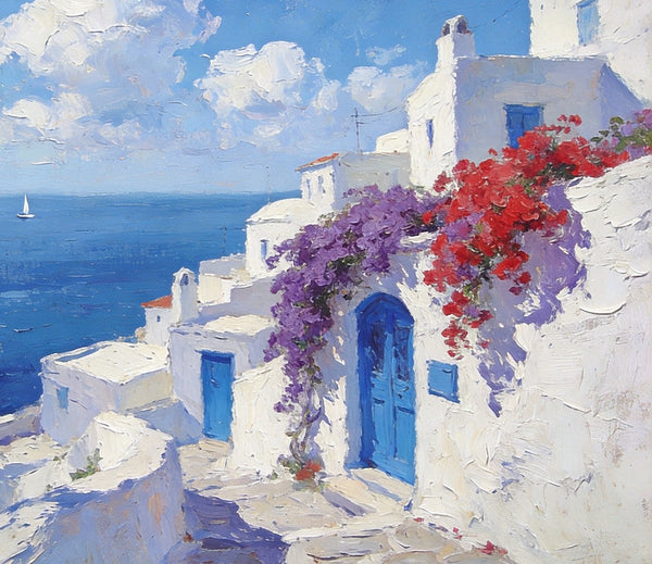 Original Oil Paintings, Santorini's Coastal Serenity, Small Landscape Paintings on Canvas, Palette Knife Wall Art, Landscape Oil Paintings, Hand Painted Canvas Artwork-Art Painting Canvas