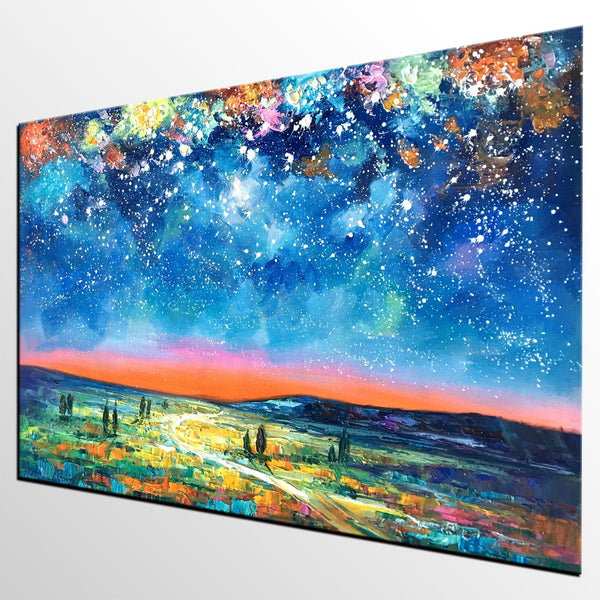 Landscape Oil Paintings, Starry Night Sky Painting, Custom Artwork, Heavy Texture Oil Painting, Landscape Painting for Living Room-Art Painting Canvas