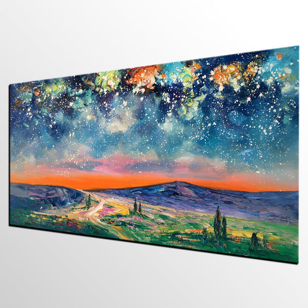 Landscape Oil Painting, Starry Night Sky Painting, Bedroom Wall Art Paintings, Custom Original Painting on Canvas-Art Painting Canvas