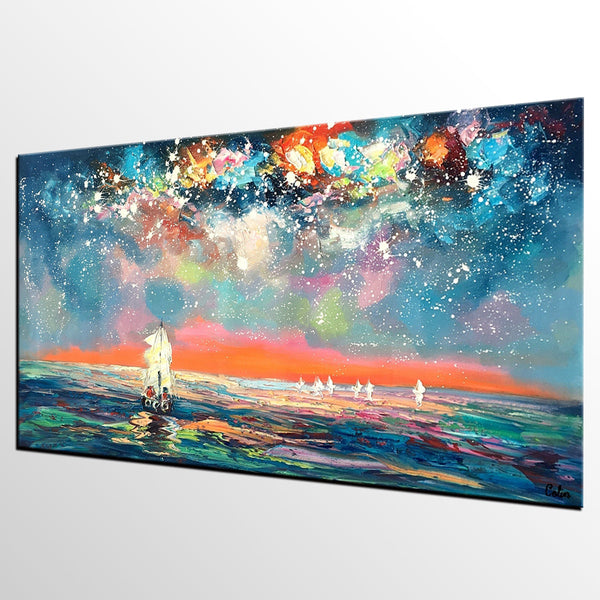 Landscape Painting for Sale, Starry Night Sky Painting, Impasto Artwork, Canvas Painting for Bedroom, Custom Original Landscape Painting