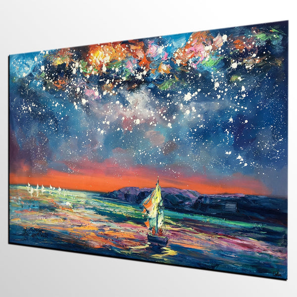 Custom Large Oil Painting, Large Canvas Art Painting, Sail Boat under Starry Night Painting-Art Painting Canvas