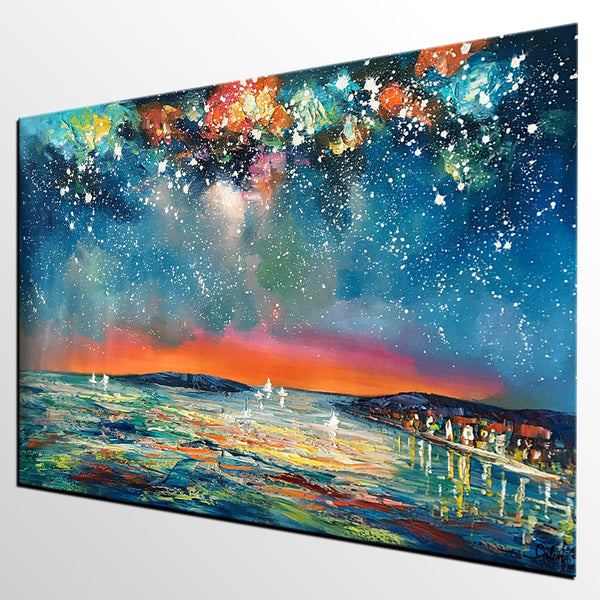 Buy Art Online, Abstract Art for Sale, Sail Boat under Starry Night Sky Painting, Custom Art-Art Painting Canvas
