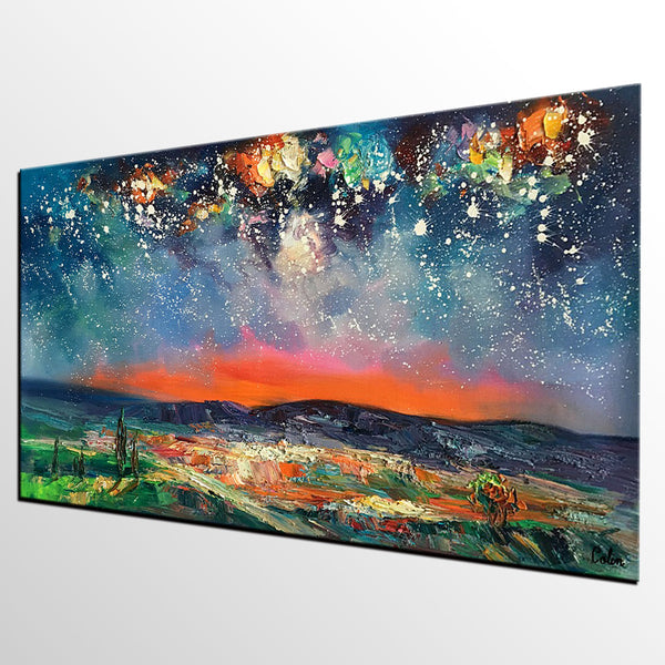 Canvas Painting for Dining Room, Custom Extra Large Painting, Starry Night Sky Painting, Original Landscape Painting-Art Painting Canvas