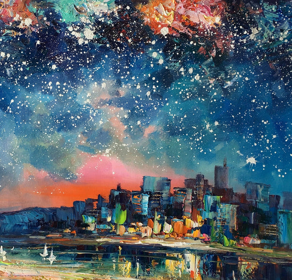 Abstract Oil Painting for Sale, Sail Boat under Starry Night Sky Painting, Custom Original Painting, Landscape Painting-Art Painting Canvas