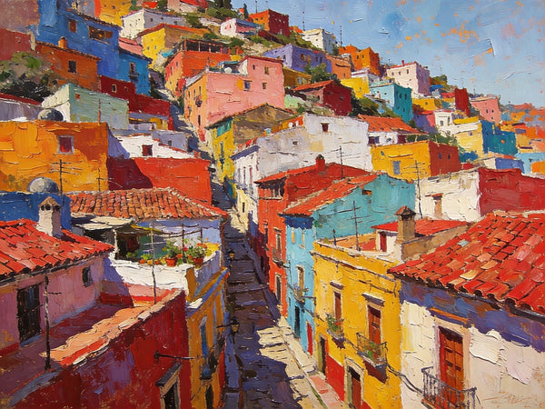 Colorful Terraces of Guanajuato, Hand Painted Canvas Art, Small Oil Paintings, Small Wall Art Paintings, Landscape Canvas Paintings, Original Canvas Paintings-Art Painting Canvas