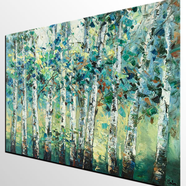 Heavy Texture Canvas Painting, Abstract Landscape Painting, Custom Canvas Painting, Autumn Birch Tree-Art Painting Canvas