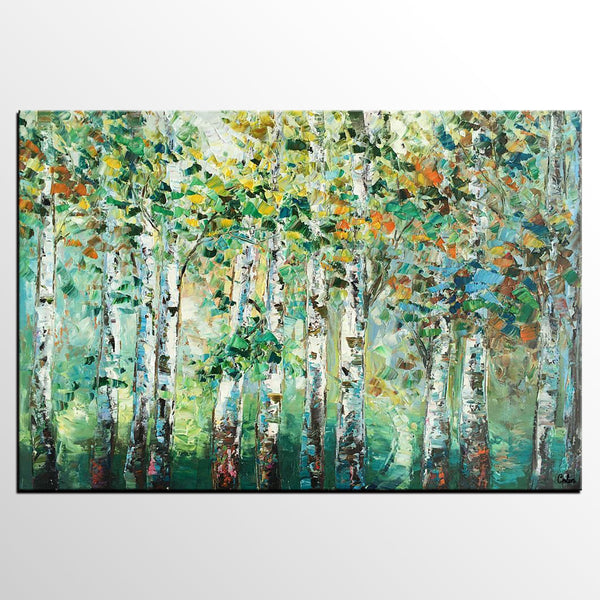 Heavy Texture Canvas Painting, Abstract Landscape Painting, Custom Canvas Painting, Autumn Birch Tree-Art Painting Canvas