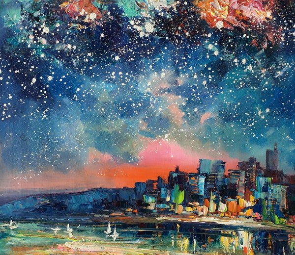 Abstract Oil Painting for Sale, Sail Boat under Starry Night Sky Painting, Custom Original Painting, Landscape Painting-Art Painting Canvas