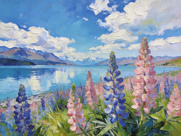Stunning New Zealand Lake Landscape, Lupins in Bloom, Landscape Paintings on Canvas, Original Oil Paintings, Palette Knife Oil Paintings, Small Landscape Paintings, Hand Painted Canvas Artwork-Art Painting Canvas