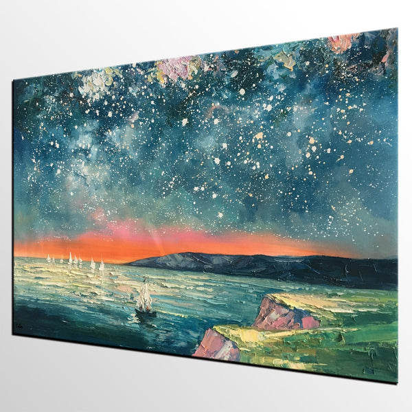 Heavy Texture Painting, Landscape Oil Painting, Starry Night Sky Painting, Custom Large Canvas Painting
