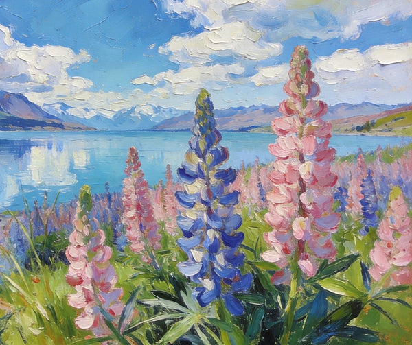 Stunning New Zealand Lake Landscape, Lupins in Bloom, Landscape Paintings on Canvas, Original Oil Paintings, Palette Knife Oil Paintings, Small Landscape Paintings, Hand Painted Canvas Artwork-Art Painting Canvas
