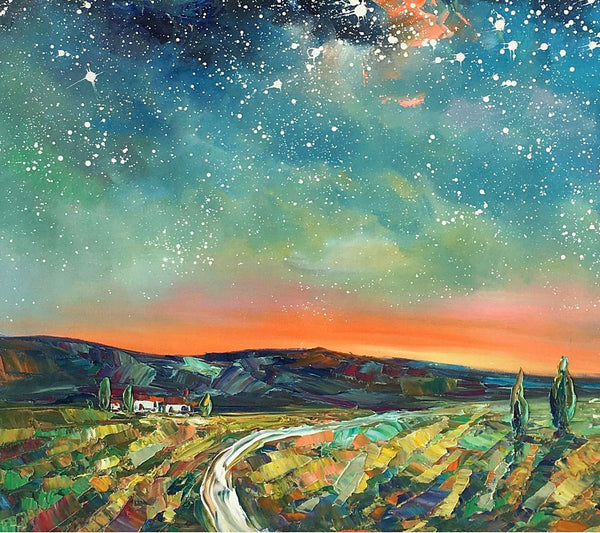 Abstract Landscape Oil Painting, Starry Night Sky Painting, Custom Large Canvas Painting, Heavy Texture Painting-Art Painting Canvas