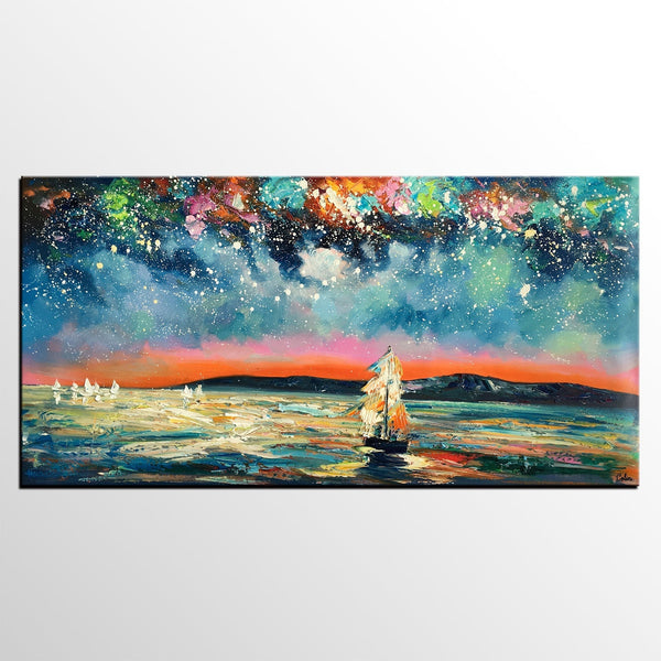 Landscape Wall Art Paintings, Starry Night Sky Painting, Original Canvas Painting, Custom Large Painting for Bedroom