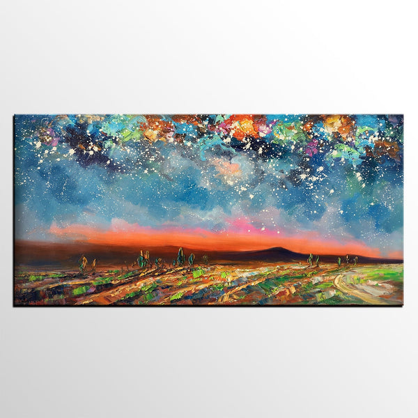 Starry Night Sky Painting, Custom Landscape Painting, Canvas Painting for Bedroom-Art Painting Canvas