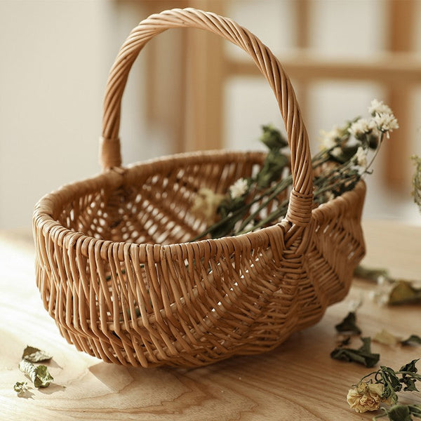 Natural Fruit Basket, Kitchen Storage Baskets, Natural Hand-woven Wicker Storage Basket, Large Picnic Food Basket with Handle, Lovely Willow Weaving Baskets for Vegetable-Art Painting Canvas