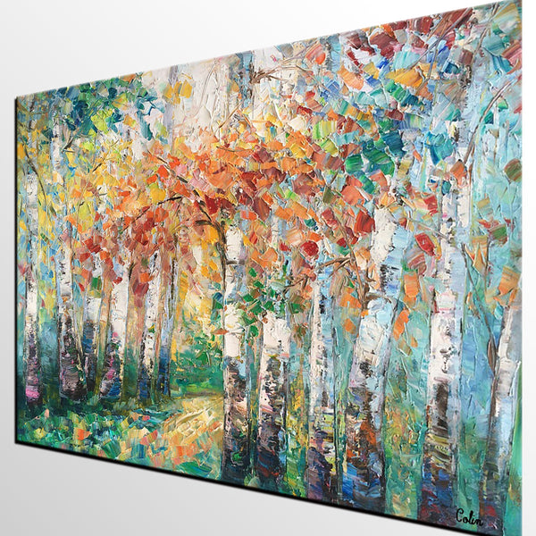 Autumn Birch Tree Painting, Heavy Texture Canvas Painting, Abstract Landscape Painting, Custom Canvas Painting for Dining Room-Art Painting Canvas