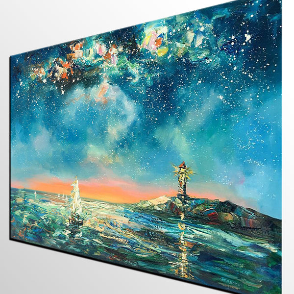 Canvas Painting, Abstract Art, Starry Night Light House Painting, Custom Landscape Wall Art, Original Painting