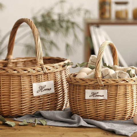 Hand-woven Wicker Storage Basket, Large Picnic Food Basket with Handle, Willow Weaving Baskets for Vegetable, Natural Fruit Basket, Kitchen Storage Baskets-Art Painting Canvas