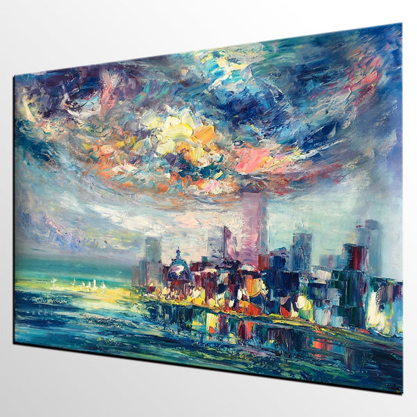 Cityscape Painting, Oil Painting on Canvas, Custom Landscape Canvas Painting, Heavy Texture Wall Art Paintings-Art Painting Canvas