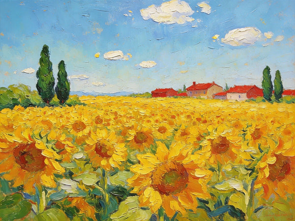 Enchanting Provence Sunflower Fields, Original Canvas Paintings, Palette Knife Oil Paintings, Small Landscape Paintings, Landscape Paintings on Canvas, Hand Painted Canvas Art-Art Painting Canvas