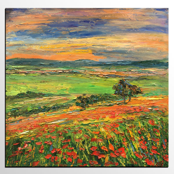 Landscape Painting on Canvas, Flower Field Painting, Heavy Texture Paintings, Custom Original Oil Painting, Living Room Wall Art Paintings-Art Painting Canvas