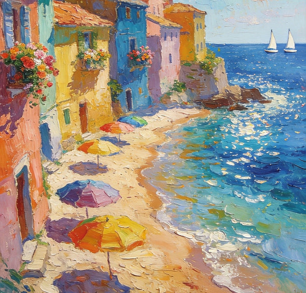 Coastal Township Landscape, Seashore Paintings, Original Wall Art Paintings, Small Oil Paintings, Hand Painted Canvas Wall Art, Heavy Texture Artwork, Canvas Paintings for Living Room-Art Painting Canvas