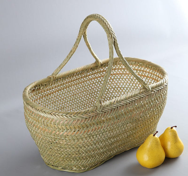 Natural Fruit Basket Kitchen Storage Baskets, Lovely Bamboo Baskets for Vegetable, Picnic Food Basket with Handle, Large Natural Hand-woven Bamboo Basket-Art Painting Canvas