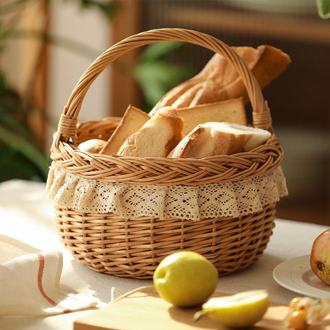 Storage Basket for Shelves, Picnic Storage Basket with Handle, Hand-woven Wicker Storage Basket, Natural Fruit Basket, Willow Weaving Baskets for Kitchen-Art Painting Canvas