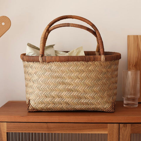 Storage Basket with Handle, Large Kitchen Storage Baskets, Natural Hand-woven Bamboo Storage Basket, Lovely Bamboo Weaving Baskets for Vegetable, Picnic Fruit Storage Baskets-Art Painting Canvas