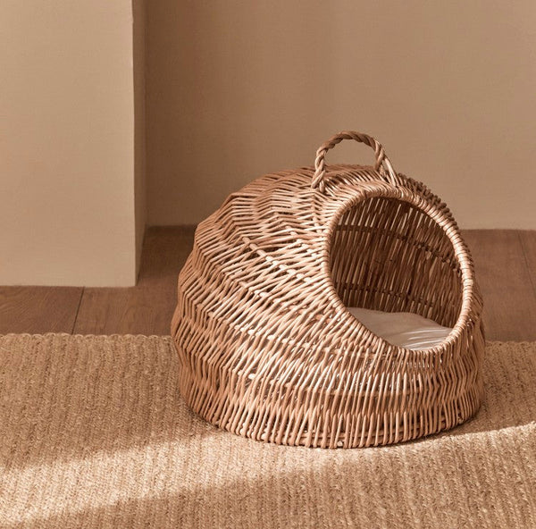 Indoor Cat Bed, Natural Wicker Cat House Basket with Washable Cushion for Indoor Cats and Dogs-Art Painting Canvas