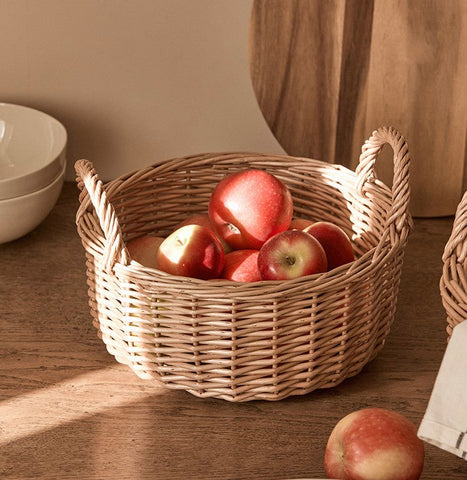 Picnic Fruit Basket with Handle, Kitchen Storage Baskets, Natural Hand-woven Wicker Round Storage Basket, Lovely Willow Weaving Baskets for Vegetable, Natural Fruit Storage Basket-Art Painting Canvas