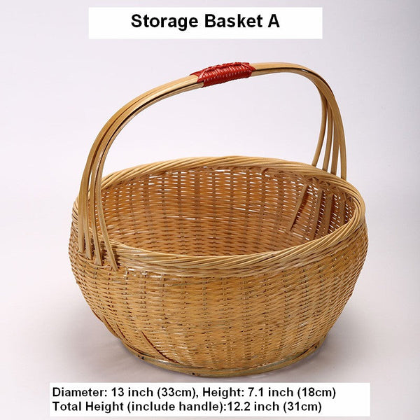 Natural Hand-woven Bamboo Basket, Natural Fruit Basket Kitchen Storage Baskets, Extra Large Picnic Food Basket with Handle, Lovely Bamboo Baskets for Vegetable