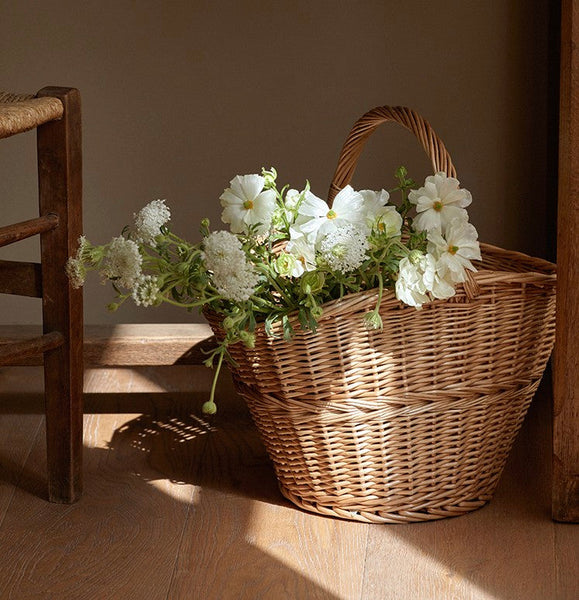 Willow Weaving Baskets with Handle, Large Picnic Food Basket with Handle, Natural Hand-woven Wicker Storage Basket, Natural Fruit Baskets, Kitchen Storage Baskets-Art Painting Canvas
