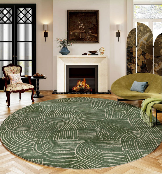 Green Contemporary Modern Rugs, Geometric Round Rugs for Dining Room, Mid Century Round Modern Rugs under Chairs, Bedroom Abstract Modern Area Rugs-Art Painting Canvas