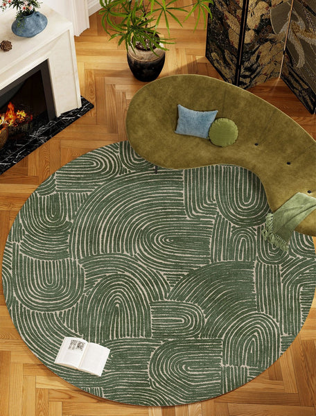 Green Contemporary Modern Rugs, Geometric Round Rugs for Dining Room, Mid Century Round Modern Rugs under Chairs, Bedroom Abstract Modern Area Rugs-Art Painting Canvas