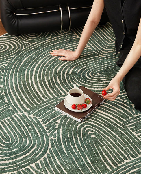 Green Contemporary Modern Rugs, Geometric Round Rugs for Dining Room, Mid Century Round Modern Rugs under Chairs, Bedroom Abstract Modern Area Rugs-Art Painting Canvas