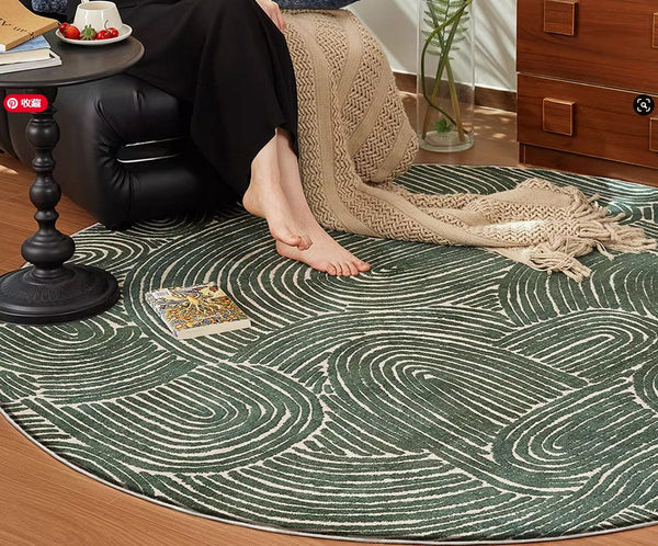 Green Contemporary Modern Rugs, Geometric Round Rugs for Dining Room, Mid Century Round Modern Rugs under Chairs, Bedroom Abstract Modern Area Rugs-Art Painting Canvas