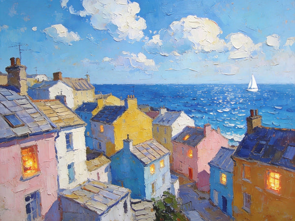 Seaside Township Serene Panorama, Small Landscape Paintings, Landscape Wall Art for Dining Room, Hand Painted Canvas Art, Original Oil Paintings-Art Painting Canvas