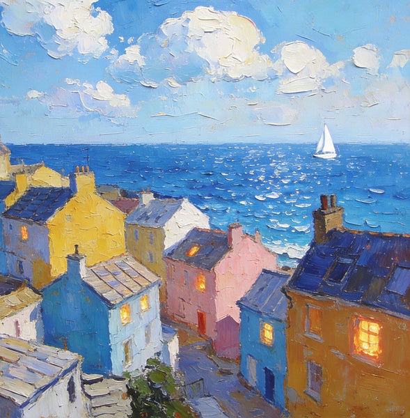 Seaside Township Serene Panorama, Small Landscape Paintings, Landscape Wall Art for Dining Room, Hand Painted Canvas Art, Original Oil Paintings-Art Painting Canvas