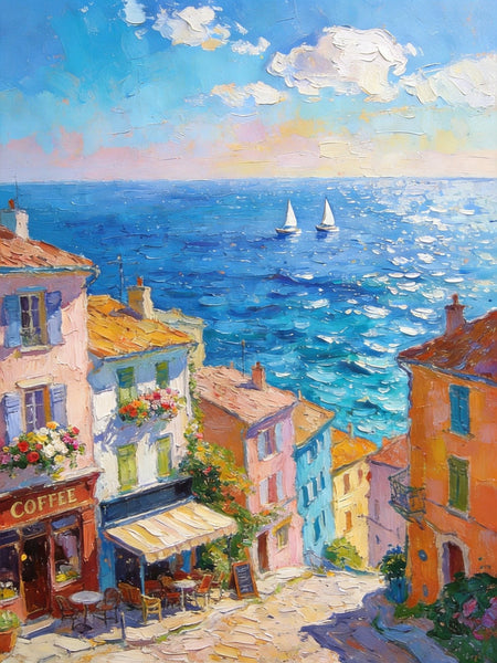Canvas Paintings for Dining Room, Seaside Town Serene Moment, Seashore Paintings, Heavy Texture Artwork, Original Wall Art Paintings, Small Oil Paintings, Hand Painted Canvas Wall Art-Art Painting Canvas