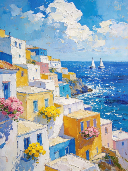 Coatal Village Serenity, Seashore Paintings, Original Artwork, Small Oil Paintings, Hand Painted Canvas Wall Art, Heavy Texture Artwork, Small Canvas Paintings-Art Painting Canvas