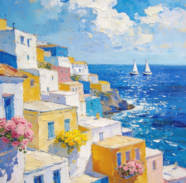 Coatal Village Serenity, Seashore Paintings, Original Artwork, Small Oil Paintings, Hand Painted Canvas Wall Art, Heavy Texture Artwork, Small Canvas Paintings-Art Painting Canvas