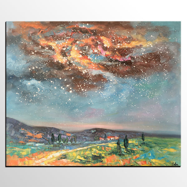 Landscape Oil Painting, Starry Night Sky Painting, Heavy Texture Painting, Custom Abstract Painting-Art Painting Canvas